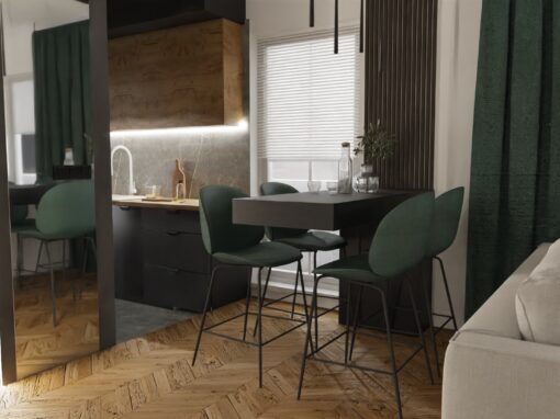 Projekt wnętrza kawalerki 39 m2 – Miasteczko Siewierz Jeziorna